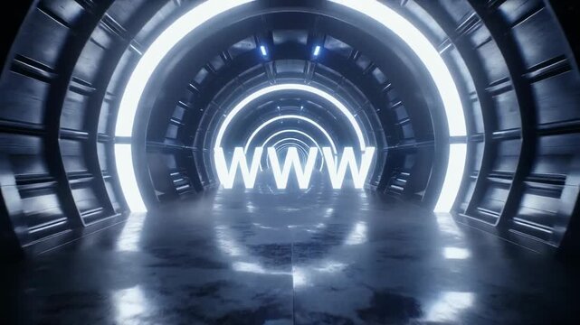 Futuristic Tunnel with Glowing 'WWW' Display Navigating the Digital Realm of http, www, com, and se