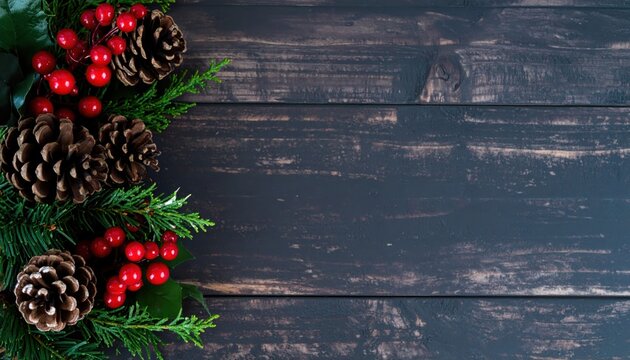Elegant Christmas background featuring pine cones, red berries, and evergreen branches on a rustic dark wood surface for holiday cards and festive designs