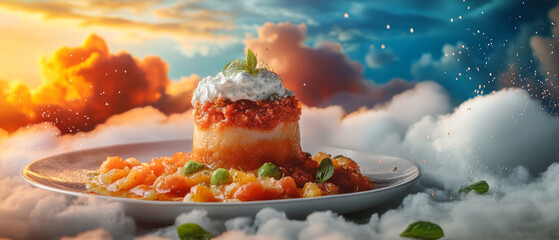 A lavish dish with appetising pastries and sauce against a backdrop of sky and clouds creates the impression of a culinary miracle — an excellent background for advertising gastronomic 
