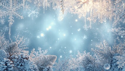 Winterlicher Hintergrund zu Weihnachten mit Schneeflocken, Eiszapfen und Tannenzweigen