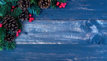 Festive holiday pine boughs and bright red berries on aged blue wood create a stunning Christmas background for joyful seasonal greetings