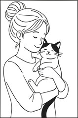 Woman Hugging Cat Line Art – Cute Girl and Pet Illustration, Minimalist Animal Love Vector Isolated on Transparent Background