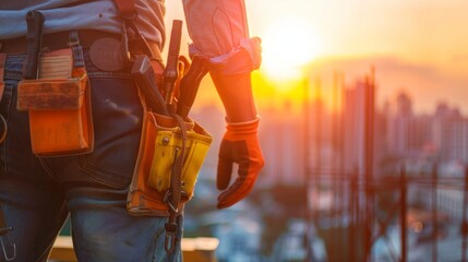 A worker with tools on his belt and gloves against the backdrop of a sunset symbolises hard work for construction advertisements as a background.