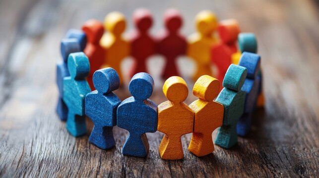 Bright wooden figures symbolising unity and diversity form a circle on the table, demonstrating the harmony of the team &mdash; the perfect atmospheric  