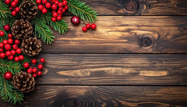 Festive Christmas background with pinecones, red berries, and evergreen branches on rustic wooden planks, perfect for holiday greetings and winter designs