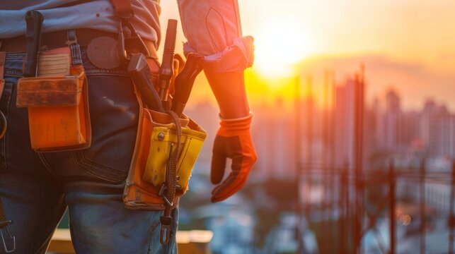 A worker with tools on his belt and gloves against the backdrop of a sunset symbolises hard work for construction advertisements as a background.