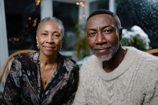 A warm portrait of an elderly couple smiling together in a cozy atmosphere by a window, adorned with festive lights, symbolizing love and companionship during winter.