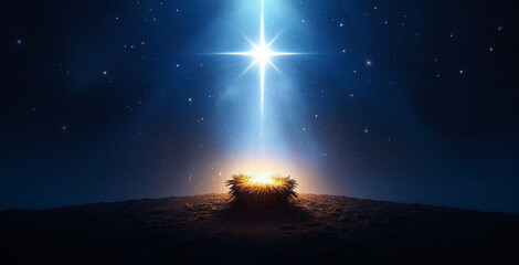 Nativity scene with the Star of Bethlehem shining brightly over a glowing manger. Birth of Jesus Christ religious concept on a dark blue night sky background. Christmas illustration with copy space