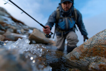 A focused fisherman reaches into the icy waters, gathering ice while promoting themes of adventure and determination, showcasing the beauty of nature during winter.