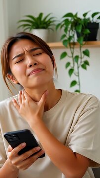 Young Asian woman suffering from neck pain while holding a smartphone indoors, illustrating tech neck and muscle strain concepts.