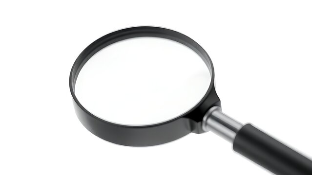 A magnifying glass on a white surface showing lens distortion.