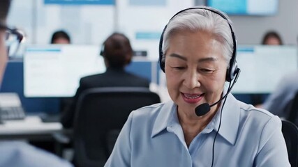 A smiling, professional mature woman with silver hair, wearing a headset and microphone, actively engages in a conversation within a modern, busy office or customer service center. Her friendly and ex - Powered by Adobe