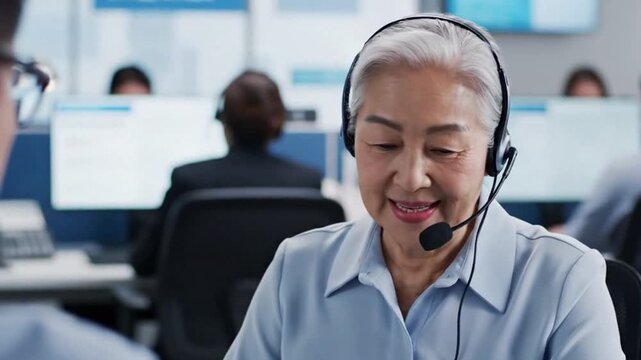 A smiling, professional mature woman with silver hair, wearing a headset and microphone, actively engages in a conversation within a modern, busy office or customer service center. Her friendly and ex