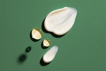 A close-up, modern photographic composition featuring droplets of cream and oil on a textured green background, showcasing skincare products.
