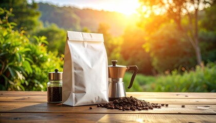 Coffee bean packaging with moka pot  beans on wood table.