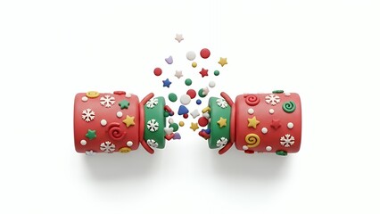 Festive Red and Green Party Cannon with Colorful Confetti and Holiday Decorations