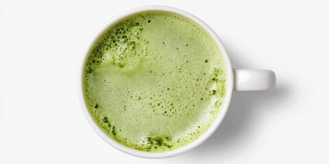 A top-down view of a creamy matcha latte in a white ceramic mug, showcasing vibrant green foam against a clean background.