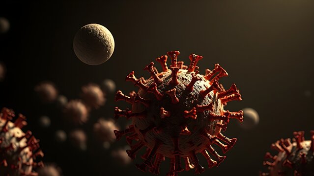 A tiny asteroid casting a shadow over a massive rabies virus, reversing expected scale dramatically.
