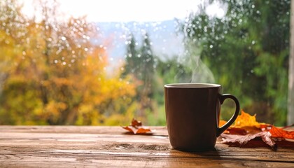 Steaming coffee cup on a rainy autumn day with fall view.