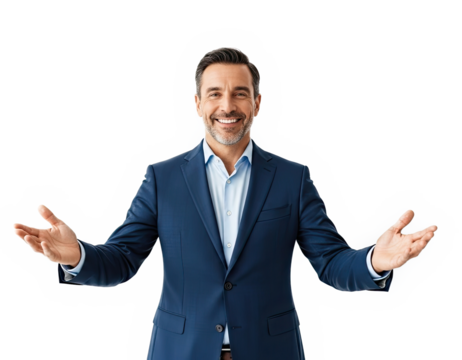 A man in a blue suit with a beard, smiling and spreading his arms wide.