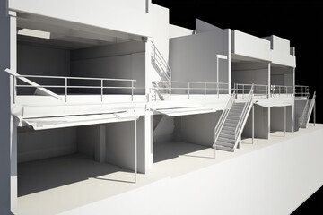 A sleek, minimalist 3D rendering of a building with multiple levels, featuring staircases and overhangs, showcasing a contemporary style.