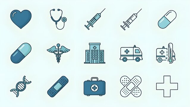 cartel de salud.
 Conjunto de iconos m&eacute;dicos.
 Los s&iacute;mbolos web de l&iacute;neas finas describen el estilo plano para aplicaciones m&oacute;viles