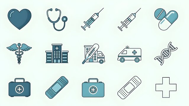 cartel de salud.
 Conjunto de iconos m&eacute;dicos.
 Los s&iacute;mbolos web de l&iacute;neas finas describen el estilo plano para aplicaciones m&oacute;viles