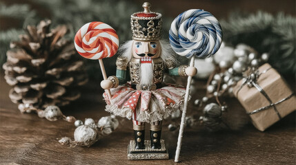 A charming, hand-painted nutcracker figure holds colorful lollipops, surrounded by holiday decorations and pinecones, evoking festive cheer.