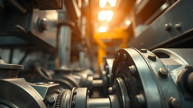 Industrial machinery close-up with metallic surfaces and overhead lighting in a factory.