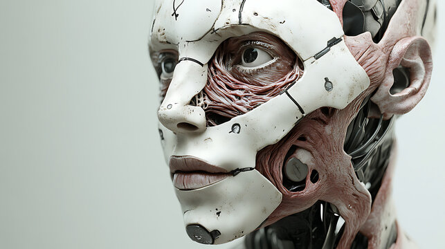 Half-human face transitioning into high-tech armor and artificial tissue 