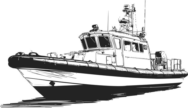 Pilot boat sketch, hand drawn vector, detailed maritime vessel with cabin and equipment. Vector illustration