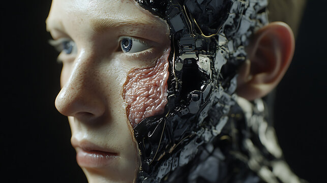 Half-human face transitioning into high-tech armor and artificial tissue 