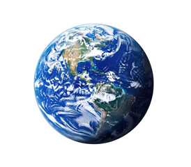 The Earth, a blue and green planet with continents and oceans, viewed from space.