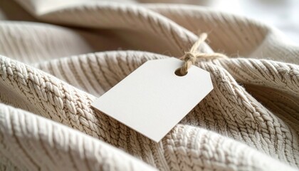 Blank Price Tag on Soft Beige Knitted Fabric CloseUp.