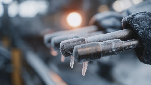 A cryogenic metallurgy lab testing the toughness of superalloys, mechanical arms pulling on metal bars coated in frost as sensors track micro-cracks &mdash; materials science, extreme-condition