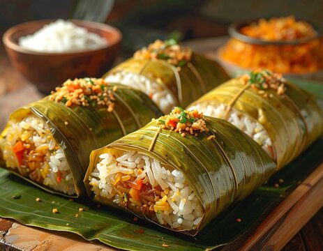 Delicious Filipino suman rice cakes wrapped in banana leaves and served beautifully