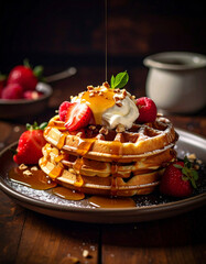 A stack of waffles with strawberries and whipped cream on top