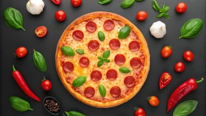 Delicious pepperoni pizza surrounded by fresh ingredients