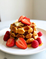 A stack of waffles with strawberries and whipped cream on top
