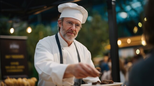 A chef presenting new flavors in a culinary tasting booth at a food fair, crowds sampling small bites as branding banners highlight artisanal ingredients — food marketing, gourmet showcase, and