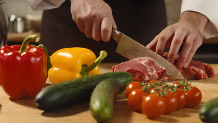 A person is cutting meat on a cutting board