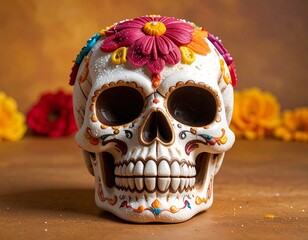 Day of the Dead Sugar Skull with Colorful Flowers and Decorative Details