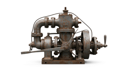 An old, rusted industrial machine with pipes and gears, isolated on a white background.