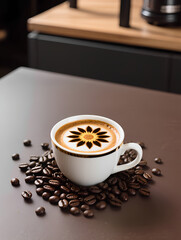 A cup of coffee with a flower design on it