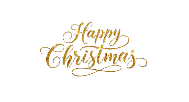 Elegant golden "Happy Christmas" script on a clean white background, perfect for festive greetings.