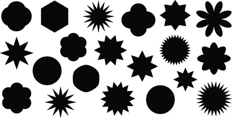 Collection of twenty unique black silhouette shapes on a white background including stars ovals hexagons and floral inspired designs for graphic design