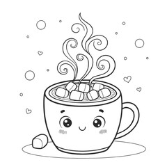 Cute cartoon mug filled with marshmallows and steaming hot chocolate ready for coloring activity fun