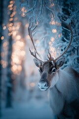 Naklejka premium Reindeer standing in snowy forest with magical Christmas lights. Reindeer standing in deep snow, illuminated by magical Christmas lights in a winter forest