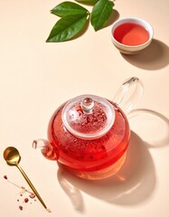 A tea pot with a red liquid in it and a spoon next to it