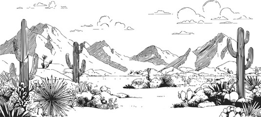 Obraz premium Desert landscape sketch with cacti, mountains, and clouds. Vector illustration